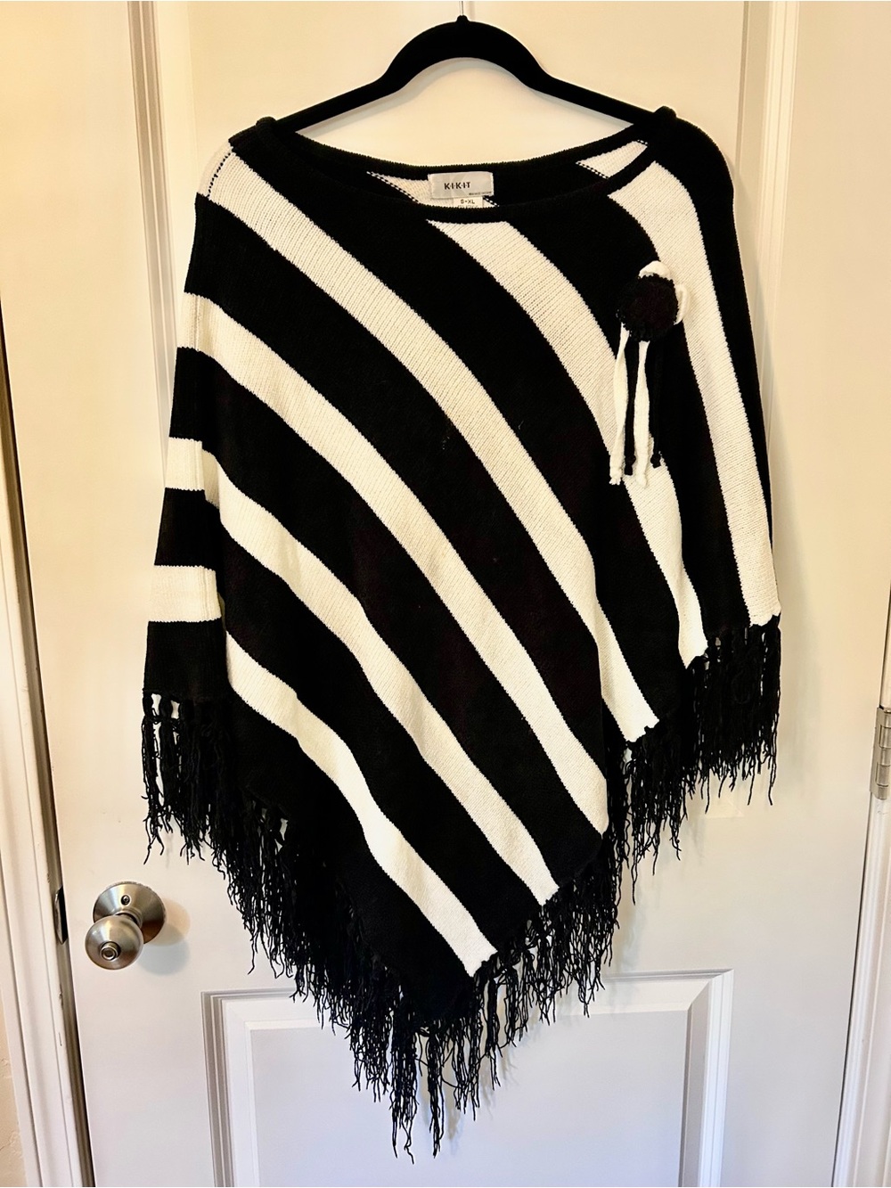 Kiki Black & White Striped Fringe Poncho